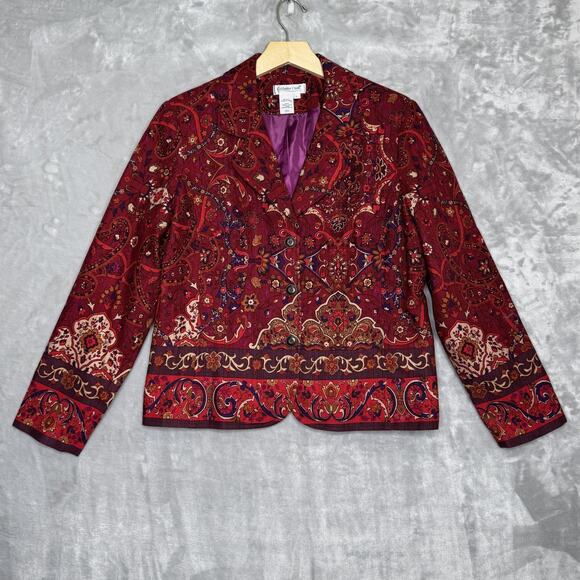 Coldwater Creek Jacket Womens Large Red Paisley Floral Blazer Button Up Lined - Picture 1 of 11